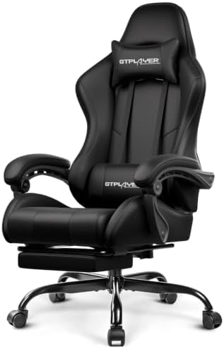 GTPLAYER Gaming Chair, Computer Chair with Footrest and Lumbar Support, Height Adjustable Game Chair with 360°-Swivel Seat and Headrest and for Office or Gaming (Faux Leather, Black)