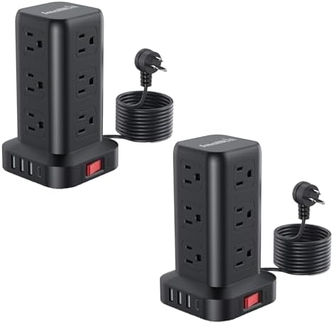2 Pcs Extension Cord with Multiple Outlets, SMALLRT Power Strip Tower, Outlet Extender with 12 AC Outlets 4 USB, 6.5FT Extension Cord for Home Office Dorm Room, Overload Protection