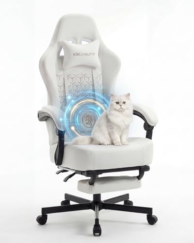 Desk Computer Gaming Chair - Ergonomic Game Office Chair with Extended Footrest and Massage Lumbar Support, Home Gamer Video Game Chairs with Spring Cushion for Adults (Pro White Leather)