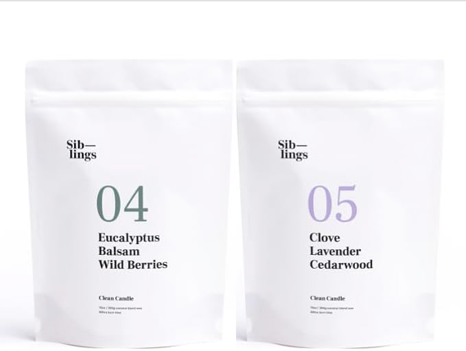 Siblings Essentials, Candle Refill Kit, DIY Candle Kit | No 04: Eucalyptus, Balsam, Wild Berries and No 05: Clove, Lavender, Cedarwood