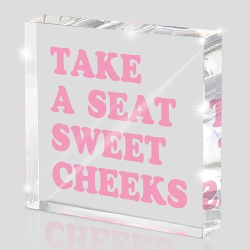 Take a Seat Sweet Cheeks Pink Acrylic Wall Decal, 4x4 Inch Fun Bathroom Decor, Quirky Desk Sign, Retro Humor Print for Girls Bedroom, Dorm and Gag Gift