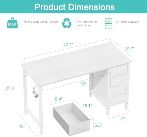 Lufeiya White Computer Desk with Drawers, 47 Inch Reversible Study Work Writing Desk for Home Office Bedroom, Simple Modern Cute PC Desks with Fabric Drawer, White