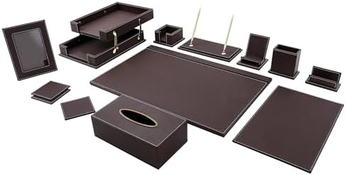Leather Desk Set, 13-Piece All-in-One – Executive Desk Accessories & Office Supplies,Desk Organizer with Desk Pad & Blotter, 2-Tier Letter Tray, Luxury Office Desk Decor & Boss Gifts (Brown)