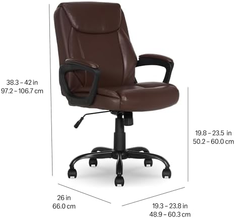 Amazon Basics Classic Puresoft PU Padded Mid-Back Office Chair with Armrest, Height Adjustable, Wheels, 25.75"D x 24.25"W x 42.25"H, Brown