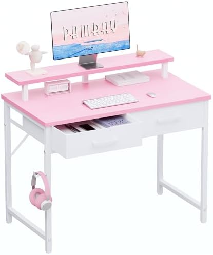 Pamray 32 Inch Small Computer Desk with Monitor Stand and 2 Drawers
