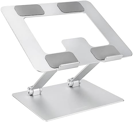 Amazon Basics Sturdy and Portable Ergonomic Laptop Stand for Desk, Height Adjustable Riser with Ventilated Cooling, Foldable, Fits all Laptops up to 15.6 Inch, Silver