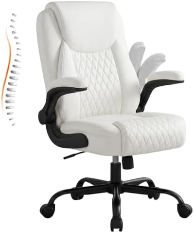 GTPLAYER PU Leather Office Chair, Home Desk Chair with Flip-up Arms, White