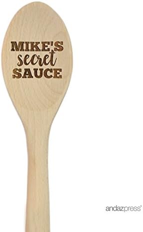 Andaz Press Personalized Laser Engraved Wooden Mixing Spoon, 12-inch, Mike's Secret Sauce, 1-Pack, Custom Name