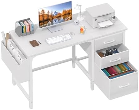 Lufeiya White Desk with File Drawers Cabinet, 47 Inch Reversible Computer Desk with Fabric Filing Cabinet for Bedroom Small Space Home Office, Modern Writing Table PC Desks, White