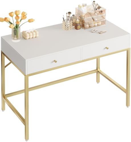 SUPERJARE 31.5" White and Gold Desk with 2 Drawers, Modern Vanity Desk