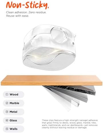 Cable Clips,12Pack Cord Holder Cord Organizer [1s Lock & Strongest Adhesive] Spring Cord Clips Phone Charger Wire Desk Cable Management Nightstand Home Office School Decor Women Desk,Transparent Clear