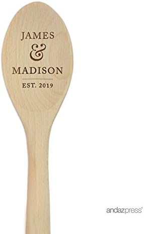 Andaz Press Personalized Laser Engraved Wooden Mixing Spoon, 12-inch, James + Madison, Est. 2025, 1-Pack, Custom Name, Wedding, Anniversary, Bridal Shower, Bachelorette Gift Ideas