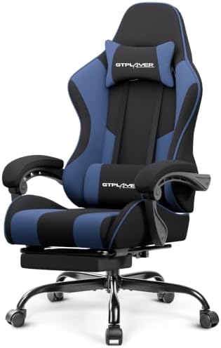 GTPLAYER Gaming Chair, Computer Chair with Footrest and Lumbar Support, Height Adjustable Game Chair with 360°-Swivel Seat and Headrest and for Office or Gaming (Blue, Fabric)