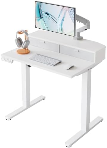 HUANUO 32" X 21" Electric Standing Desk with 2 Drawers, C-Clamp Mount Compatible, Height Adjustable Computer Desk, Home Office Stand Up Desk with 4 Preset Heights & 2 Hooks, White