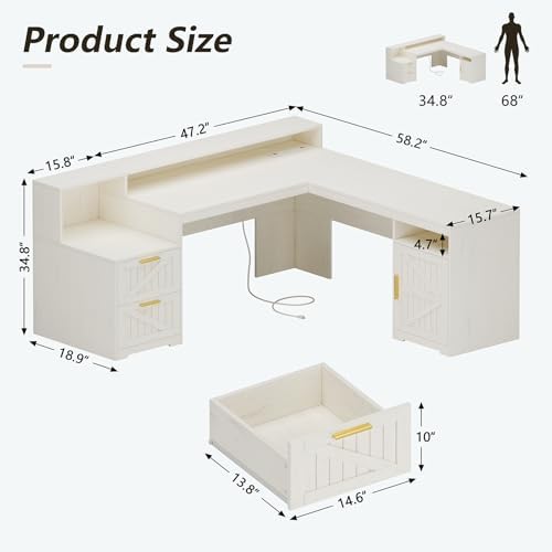 63" Farmhouse L Shaped Desk with Drawers & Printer Shelf for Home Office