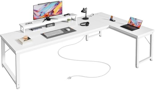 PRAISUN 61" L Shaped Computer Desk, Power Outlets, Monitor Stand, White