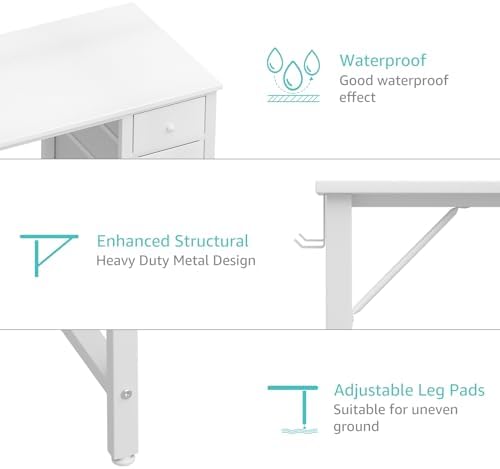 Lufeiya White Computer Desk with Drawers, 47 Inch Reversible Study Work Writing Desk for Home Office Bedroom, Simple Modern Cute PC Desks with Fabric Drawer, White