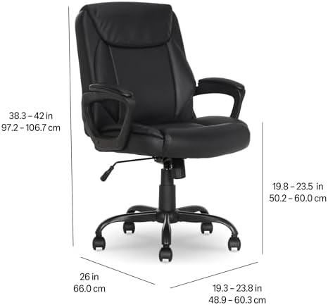 Amazon Basics Classic Puresoft PU Padded Mid-Back Office Desk Chair with Armrest, Easy Assembly, Sturdy Metal Base, Wheels, 275lb Support, 26"D x 23.75"W x 42"H, Black