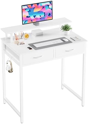 DUMOS 31-Inch Computer Desk with Drawers and Monitor Stand, White
