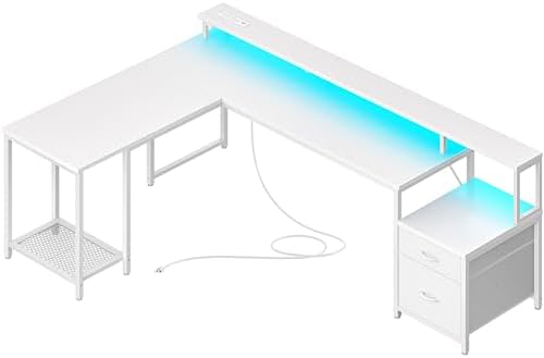 PRAISUN 66" L Shaped Gaming Desk with LED Lights & Power Outlets