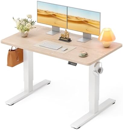 CubiCubi Electric Standing Desk 48 x 24 Inch, Height Adjustable Sit Stand Desk with Memory Presets, Splice Desktop Computer Desk for Home Office, White Frame/Nature Top