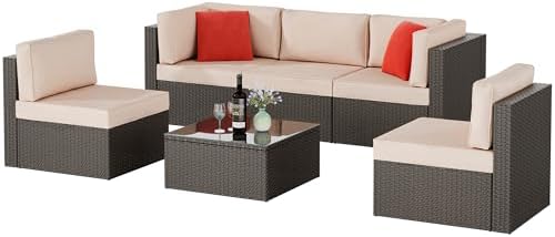 6 Pieces Patio Furniture Set Outdoor Couch Wicker Sectional Sofa, Beige