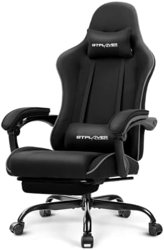 GTPLAYER Gaming Chair, Computer Chair with Footrest and Lumbar Support, Height Adjustable Game Chair with 360°-Swivel Seat and Headrest and for Office or Gaming (All Black-Fabric)