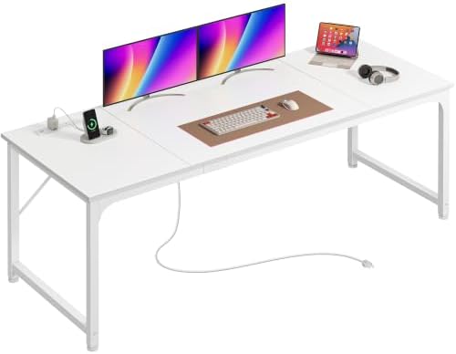 PRAISUN 70x24 Inch Computer Desk with Power Outlets & USB-C, White