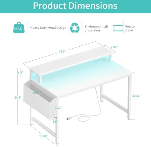 Lufeiya Small White Desk with LED Lights and Power Outlets, 32 Inch Home Office Computer Desks with Monitor Stand, Teen Writing Study Table Gaming Desk with Charging Station, White
