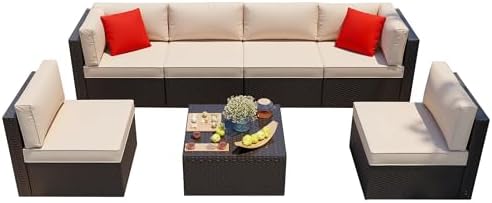 Shintenchi 7 Pieces Patio Furniture Sets Outdoor All-Weather Sectional Patio Sofa Set PE Rattan Manual Weaving Wicker Patio Conversation Set with Glass Table&Ottoman Cushion and Red Pillows, Beige