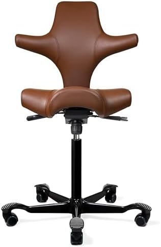 HAG Capisco Adjustable Sit to Stand Desk Chair - Black Frame - Leather Tan Brown Seat
