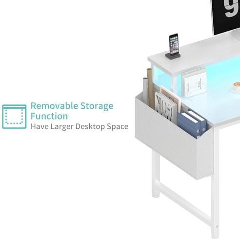 Lufeiya White Computer Desk with LED Lights and Power Outlets, 40 Inch Home Office Desks with Monitor Stand, Teen Writing Study Table Gaming Desk with Charging Station, White