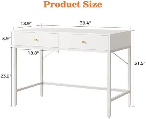 SUPERJARE 39.4" White Desk with 2 Drawers, Modern Makeup Vanity Desk