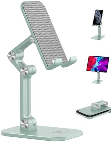 OCYCLONE Phone Stand, Adjustable Height and Angle Foldable Cell Phone Stand Holder for Desk, Taller iPhone Stand Compatible with 4.7"-13" Smartphones iPad Tablet, Light Green