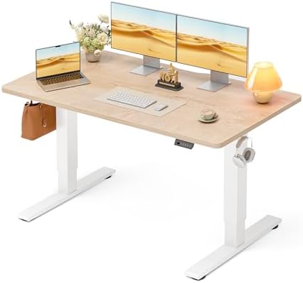 CubiCubi Electric Standing Desk 55 x 28 Inch, Height Adjustable Sit Stand Desk with Memory Presets, Splice Desktop Computer Desk for Home Office, White Frame/Nature Top