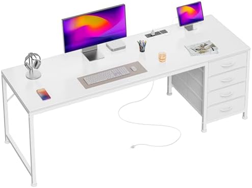 PRAISUN 63 Inch Computer Office Desk with Power Outelts and USB-C Port, Reversible Gaming Desk with 4 Fabric Drawers, Work Study Desk Work from Home, White