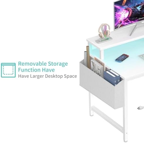 Lufeiya Small White Desk with LED Lights and Power Outlets, 32 Inch Home Office Computer Desks with Monitor Stand, Teen Writing Study Table Gaming Desk with Charging Station, White