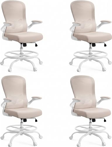 ErGear Drafting Chair,Tall Office Chair with Flip-Up Armrests, High Desk Chair Adjustable Height and Adjustable Footrest Ring, Ergonomic Standing Desk Chair with Lumbar Support, Khaki,4 Pack