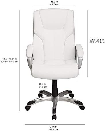Amazon Basics Executive High Back Office Desk Chair, Adjustable Height, Tilt, Swivel, 275lb Capacity, Bonded Leather, White/Pewter