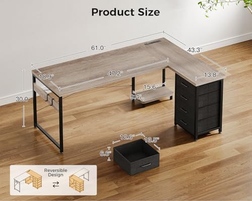 AODK 61" L Shaped Gaming Desk with 4 Drawers and Power Outlets, Grey
