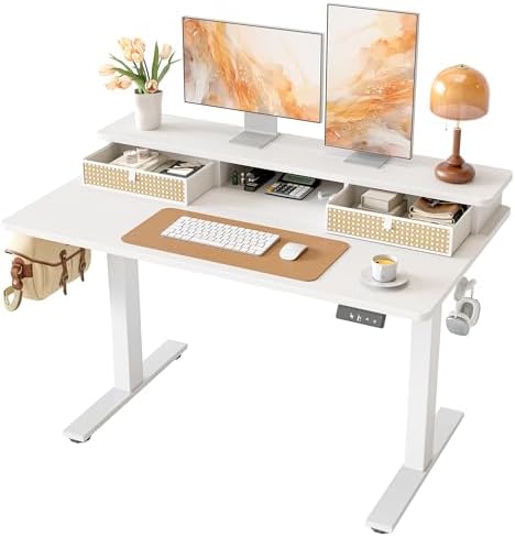 TIQLAB Standing Desk with Two Drawers, Stand Up Standing Desk Adjustable Height, Electric Sit Stand Table with Storage Shelf and Splice Board, 48 * 24 inch, White Wicker