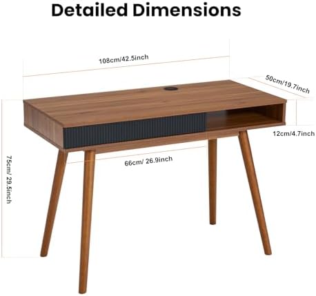 Walnut Wood Desk with Drawer, 42.5" Mid Century Modern Writing Desk