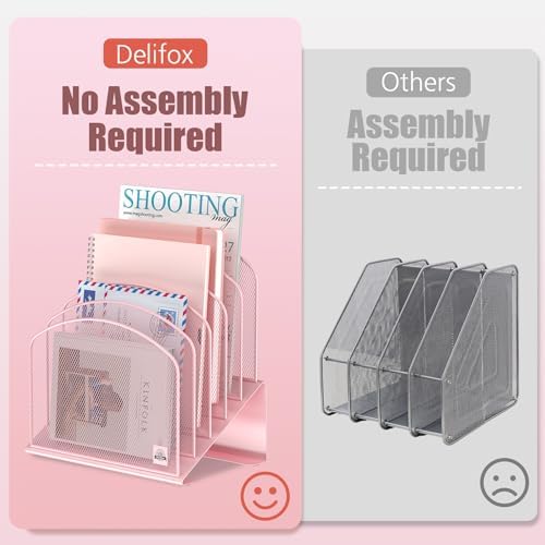 Delifox Inclined Desk File Organizer,Vertical File Folder Holder Stand Metal Rack File Sorter for Office Classroom Desktop Organization (2, Pink, 5)