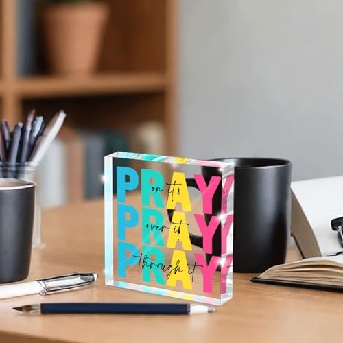 Multicolor Dorm Room Decor for Women, Office Decor for Women, Christian Gifts Desk Bedroom Bible Verse, Desk Decorations for Office, Pray on It Over It Through It, 4 x 4 inch