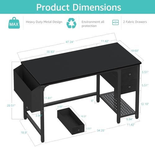 Lufeiya Gaming Desk with Fabric Drawers, 47 Inch Computer Desk for Home Office, Modern Simple Study Writing Table PC Desks for Bedroom, Black