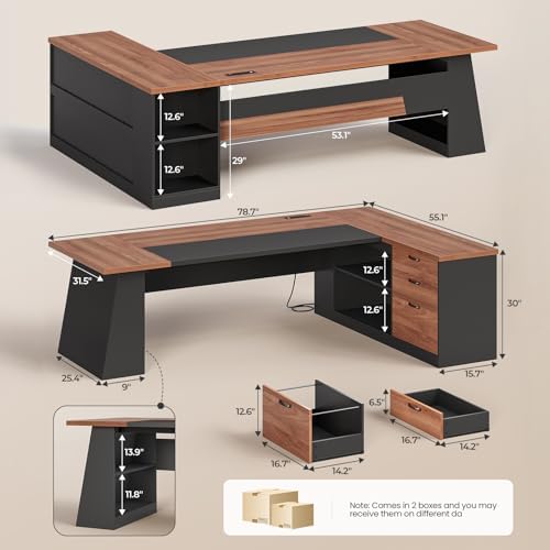 UPOSOJA 78.7" L Shaped Executive Desk with Power Outlets, Extra Large Office Desk with Drawers & File Cabinet, Modern Corner Computer Desk with Storage Shelves, Business Furniture, Walnut & Black