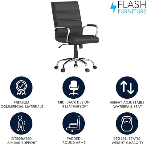 Flash Furniture Mid-Back Black LeatherSoft Executive Swivel Office Chair with Chrome Base and Arms