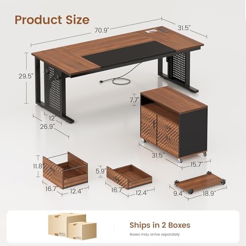 SEDETA 71" Executive Desk with Rolling File Cabinet, Large Office Desk with Drawers, L Shaped Computer Desk with Power Outlets, CPU Stand, Pegboard and Storage Shelves, Brown