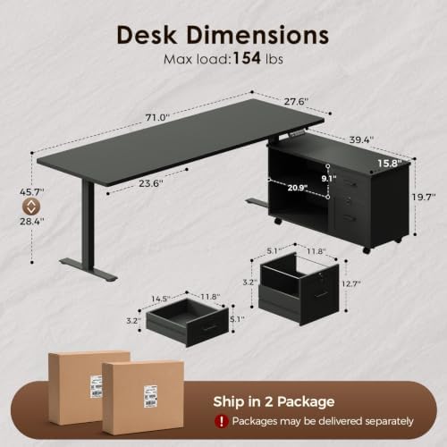 OffiGo 71 Inch L Shaped Electric Standing Desk with Cabinet Sets, Black