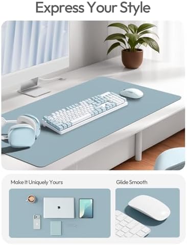 YSAGi Leather Desk Protector, Office Mat, Large Mouse Mat, Non-Slip PU Leather Blotter, Laptop Pad, Waterproof Writing Pad for Office and Home (Ice Blue, 47" x 17")
